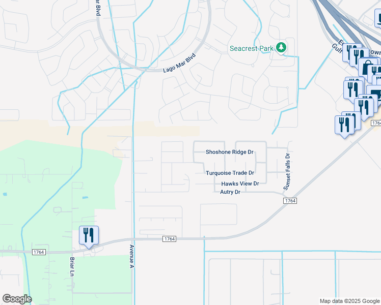 map of restaurants, bars, coffee shops, grocery stores, and more near 119 Golden Eagle Court in La Marque