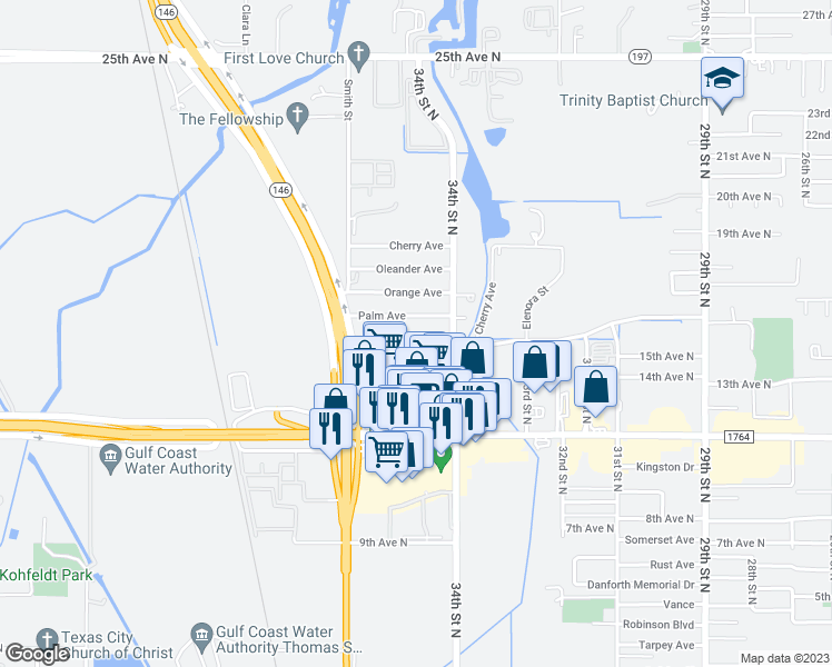map of restaurants, bars, coffee shops, grocery stores, and more near 3416 Magnolia Avenue in Texas City
