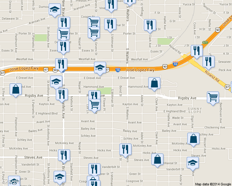 map of restaurants, bars, coffee shops, grocery stores, and more near 1011 Rigsby Avenue in San Antonio