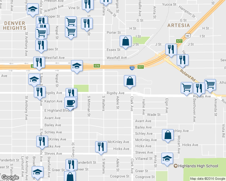 map of restaurants, bars, coffee shops, grocery stores, and more near 1131 Rigsby Avenue in San Antonio