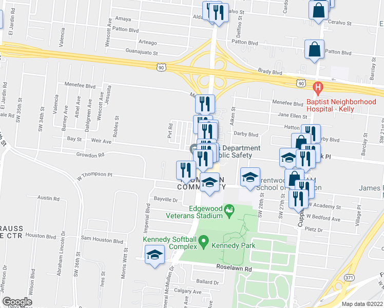 map of restaurants, bars, coffee shops, grocery stores, and more near 3326 Weir Avenue in San Antonio