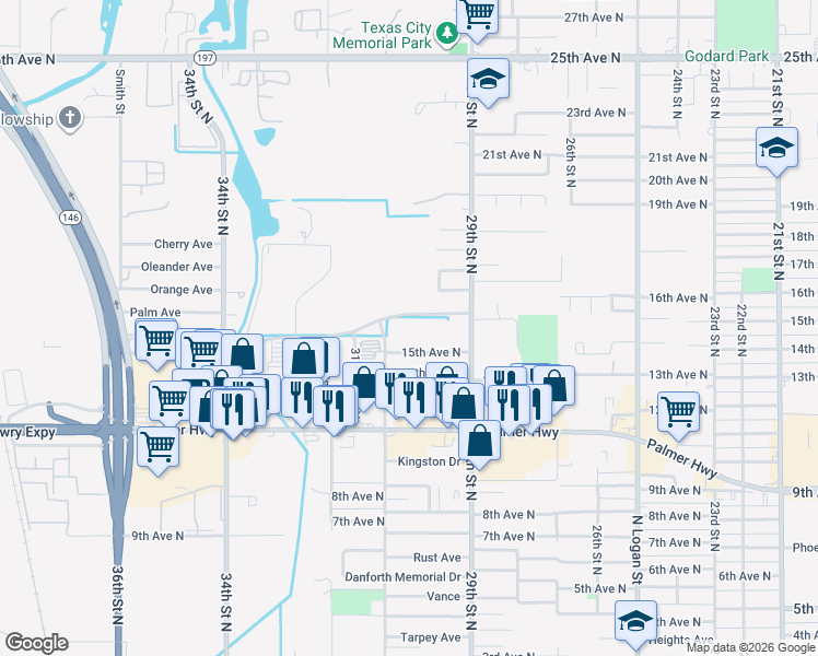 map of restaurants, bars, coffee shops, grocery stores, and more near 3010 15th Avenue North in Texas City