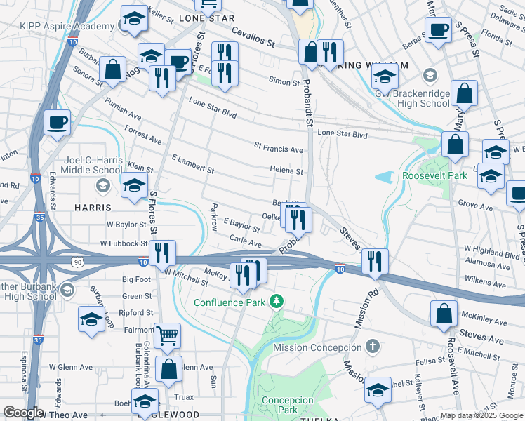 map of restaurants, bars, coffee shops, grocery stores, and more near 227 Oelkers in San Antonio