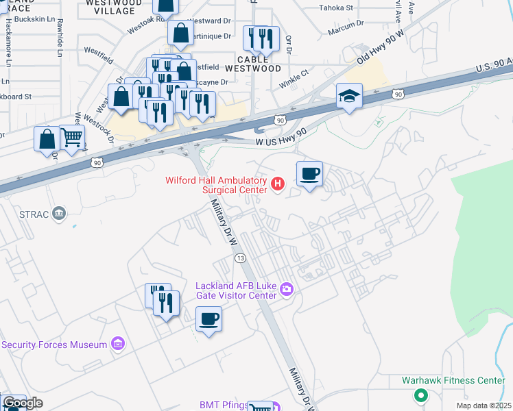 map of restaurants, bars, coffee shops, grocery stores, and more near 1100 Wilford Hall Loop in San Antonio