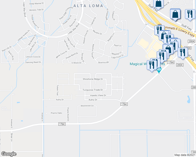 map of restaurants, bars, coffee shops, grocery stores, and more near 230 Shoshone Ridge Drive in La Marque