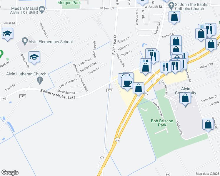 map of restaurants, bars, coffee shops, grocery stores, and more near 2352 South Johnson Street in Alvin
