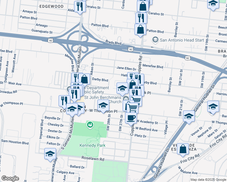 map of restaurants, bars, coffee shops, grocery stores, and more near 3003 Weir Avenue in San Antonio