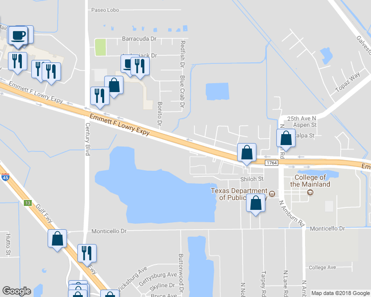 map of restaurants, bars, coffee shops, grocery stores, and more near 8813 Emmett F Lowry Expressway in Texas City