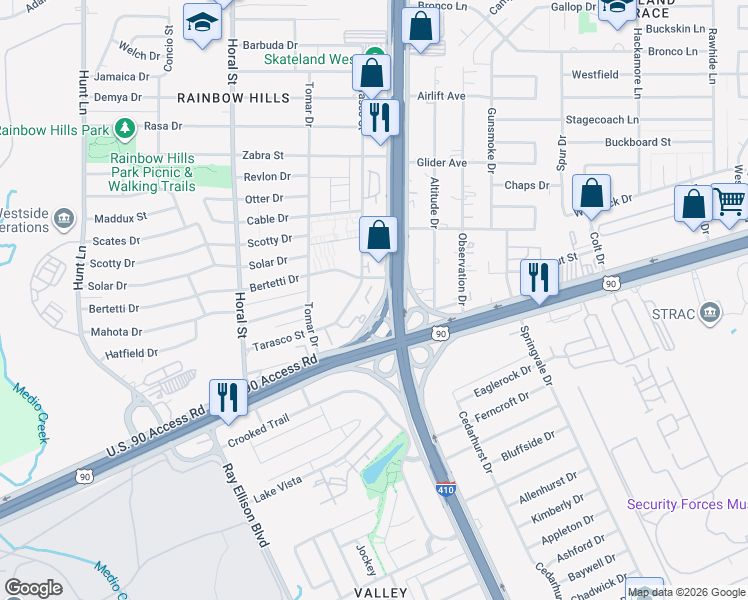 map of restaurants, bars, coffee shops, grocery stores, and more near 3053 Southwest Loop 410 in San Antonio