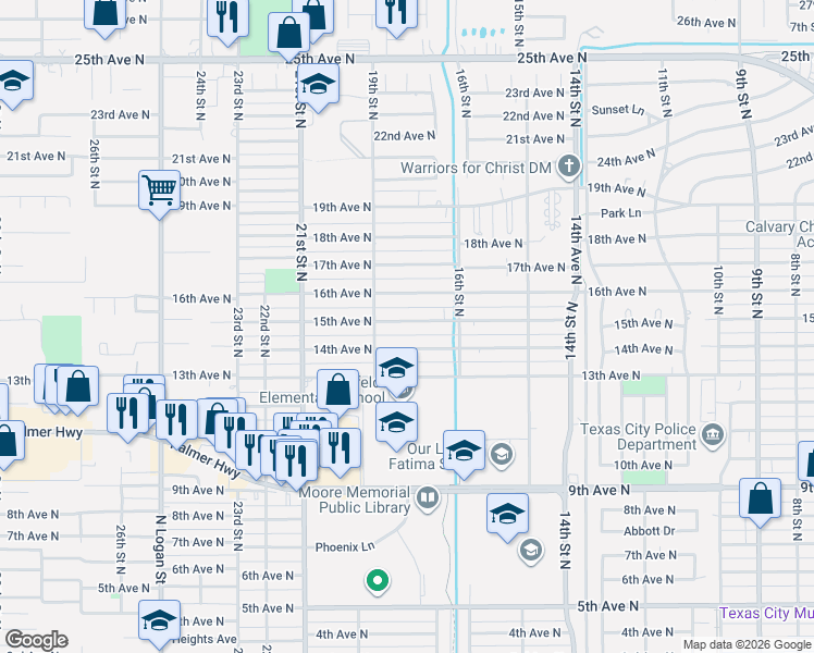 map of restaurants, bars, coffee shops, grocery stores, and more near 1802 14th Avenue North in Texas City