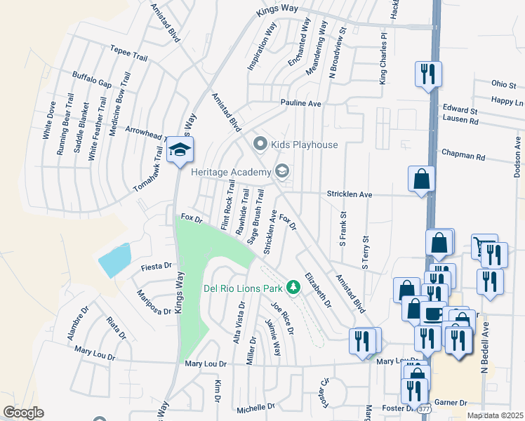 map of restaurants, bars, coffee shops, grocery stores, and more near 112 Sage Brush Trail in Del Rio