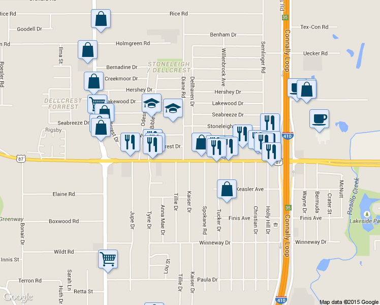 map of restaurants, bars, coffee shops, grocery stores, and more near 4741 Rigsby Avenue in San Antonio