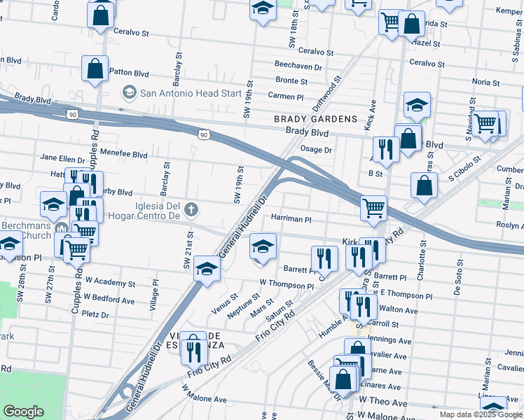 map of restaurants, bars, coffee shops, grocery stores, and more near 926 Harriman Place in San Antonio