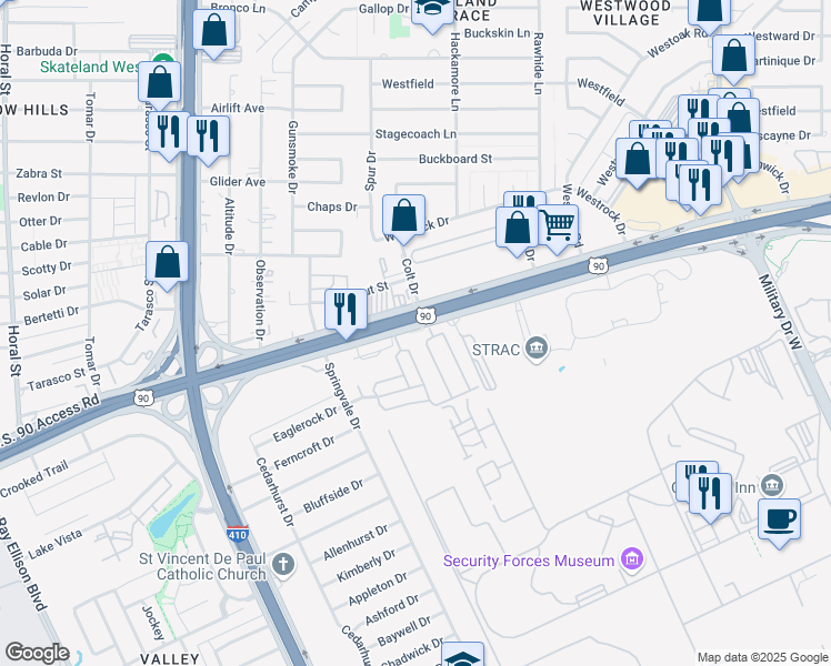 map of restaurants, bars, coffee shops, grocery stores, and more near 101 Pvt Road in San Antonio