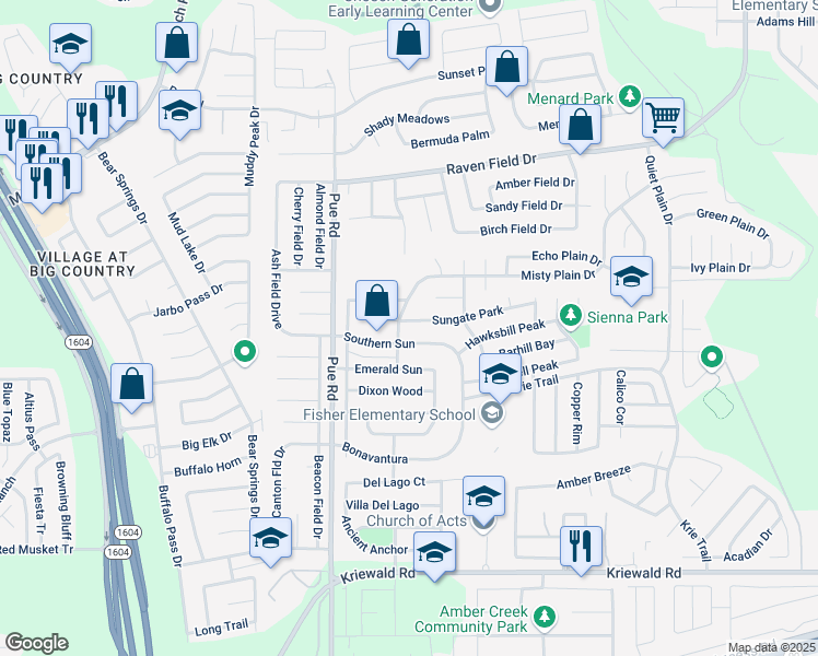 map of restaurants, bars, coffee shops, grocery stores, and more near 10063 Southern Sun in San Antonio