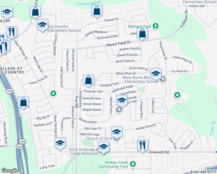 map of restaurants, bars, coffee shops, grocery stores, and more near 10010 Sungate Park in San Antonio