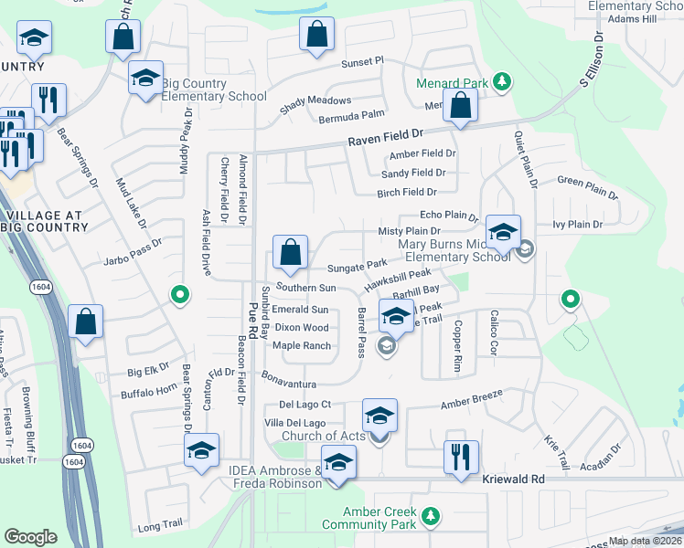 map of restaurants, bars, coffee shops, grocery stores, and more near 10023 Southern Sun in San Antonio