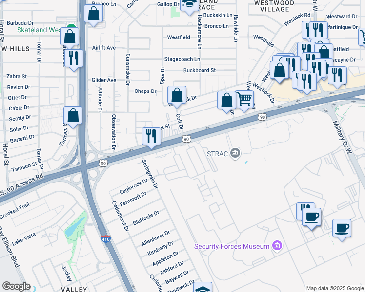 map of restaurants, bars, coffee shops, grocery stores, and more near 101 Pvt Road in San Antonio