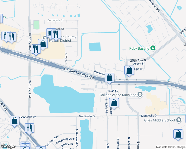 map of restaurants, bars, coffee shops, grocery stores, and more near in Texas City