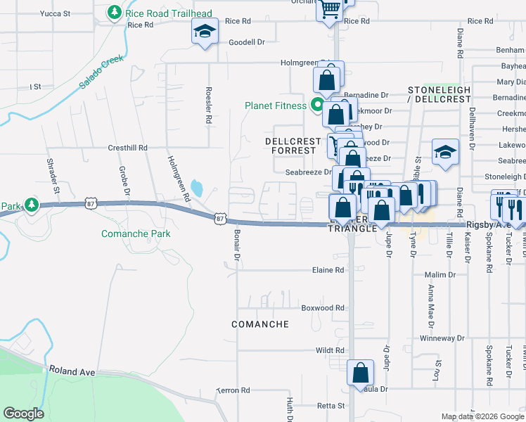 map of restaurants, bars, coffee shops, grocery stores, and more near 3047 Rigsby Avenue in San Antonio