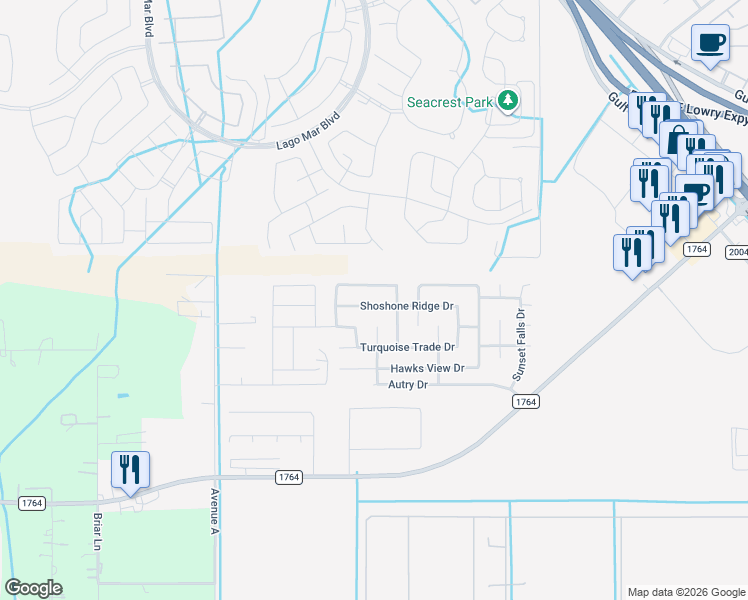 map of restaurants, bars, coffee shops, grocery stores, and more near 319 Shoshone Ridge Drive in La Marque