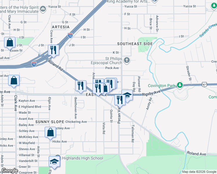 map of restaurants, bars, coffee shops, grocery stores, and more near 151 Brenhaven Street in San Antonio