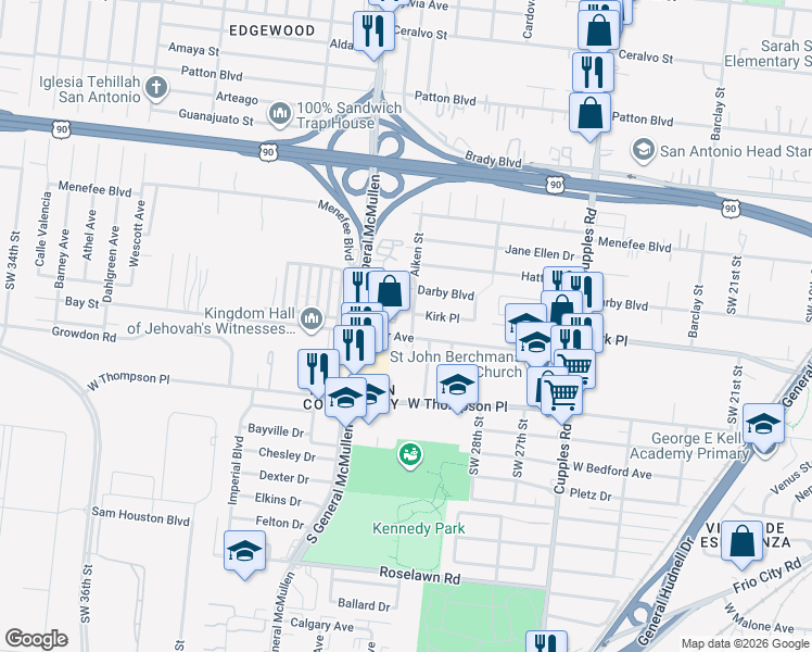 map of restaurants, bars, coffee shops, grocery stores, and more near 3147 Weir Avenue in San Antonio