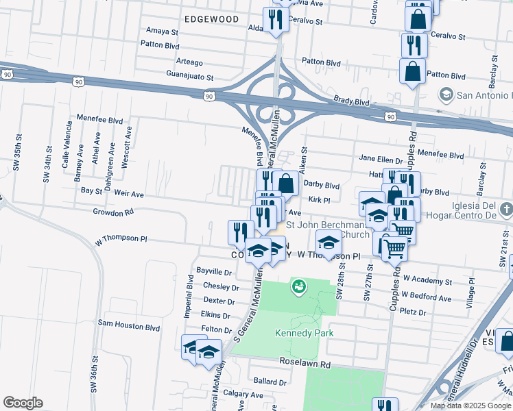 map of restaurants, bars, coffee shops, grocery stores, and more near 3326 Weir Avenue in San Antonio