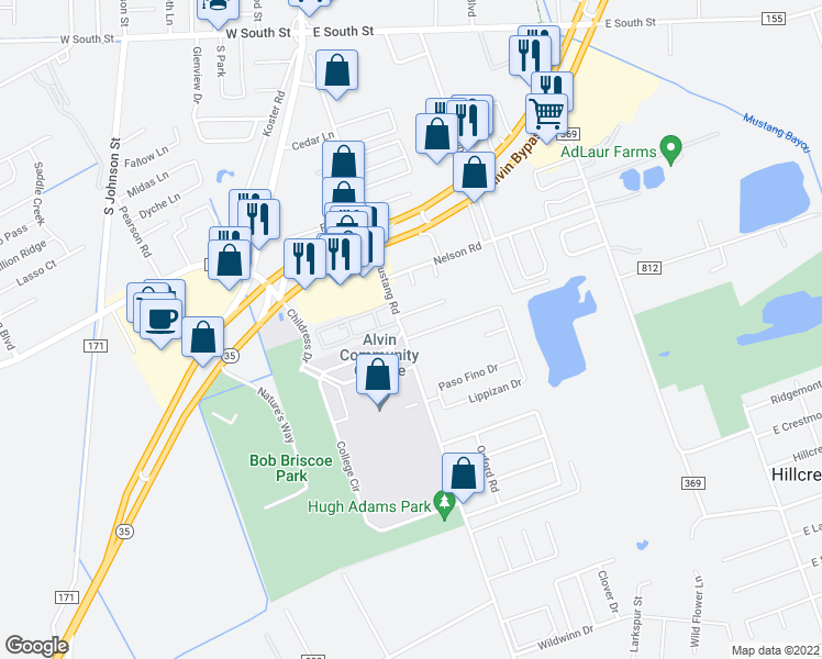 map of restaurants, bars, coffee shops, grocery stores, and more near 3075 Mustang Road in Alvin