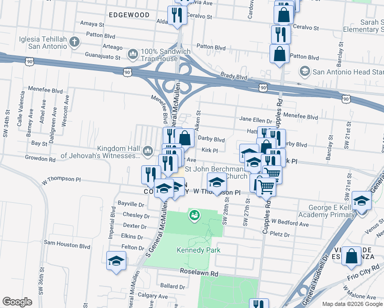 map of restaurants, bars, coffee shops, grocery stores, and more near 3147 Weir Avenue in San Antonio