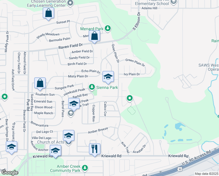 map of restaurants, bars, coffee shops, grocery stores, and more near 3155 Quiet Plain Drive in San Antonio