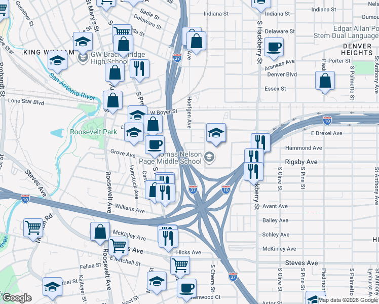 map of restaurants, bars, coffee shops, grocery stores, and more near 314 Roseborough Street in San Antonio