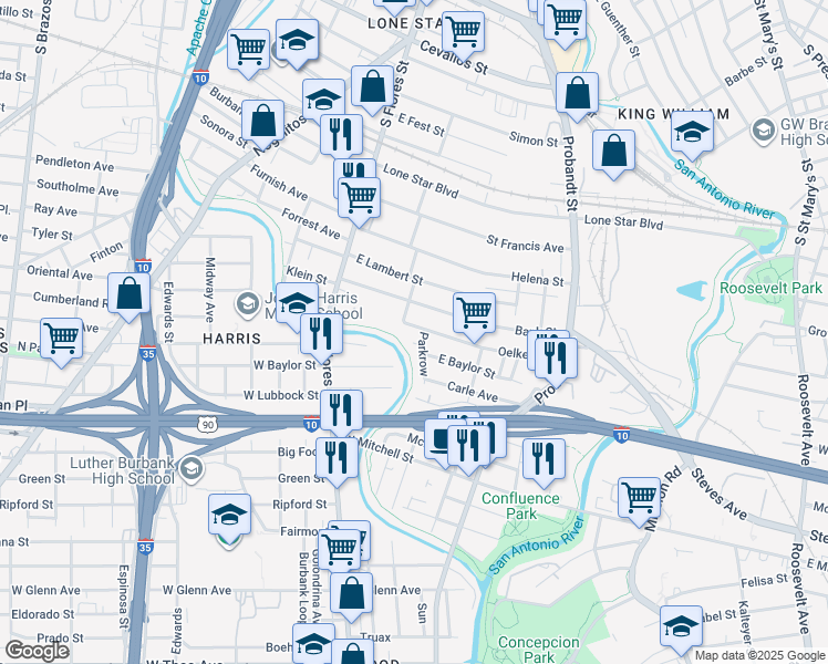 map of restaurants, bars, coffee shops, grocery stores, and more near 207 East Baylor in San Antonio