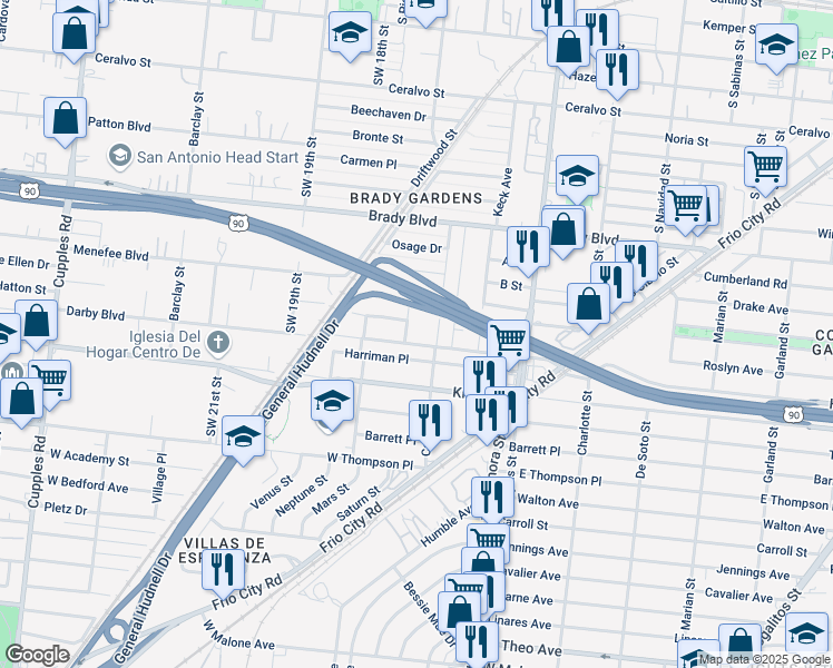 map of restaurants, bars, coffee shops, grocery stores, and more near 815 Harriman Place in San Antonio
