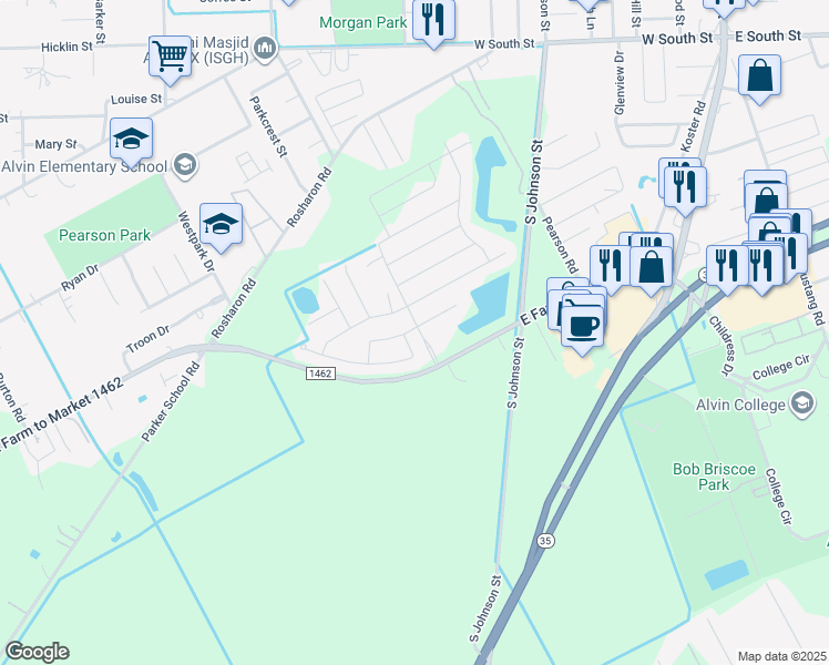 map of restaurants, bars, coffee shops, grocery stores, and more near 1125 Lasso Court in Alvin