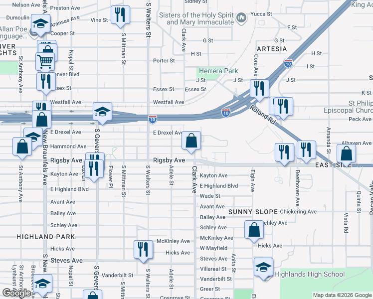 map of restaurants, bars, coffee shops, grocery stores, and more near 1223 Hammond Avenue in San Antonio