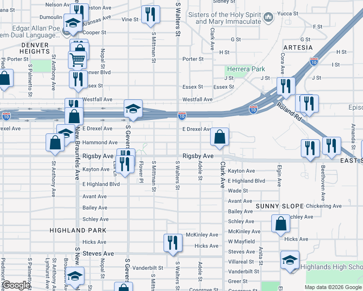 map of restaurants, bars, coffee shops, grocery stores, and more near 1901 South Walters in San Antonio