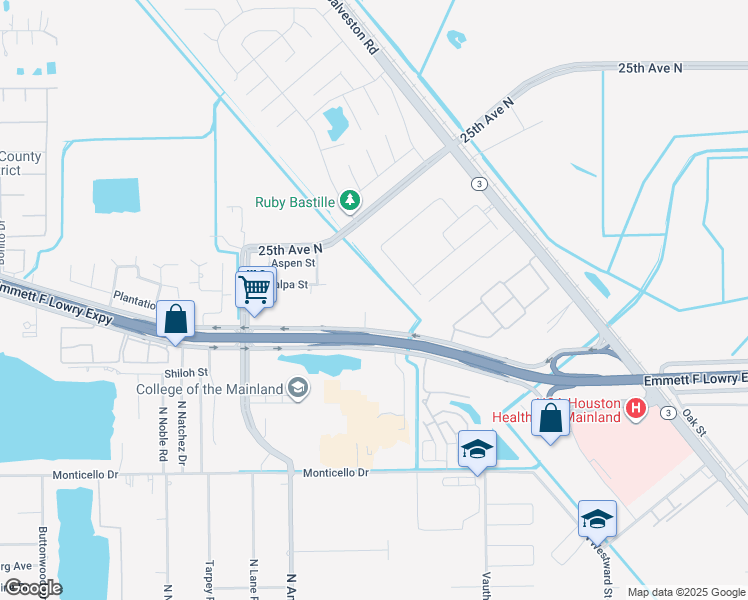 map of restaurants, bars, coffee shops, grocery stores, and more near 7600 Emmett F Lowry Expressway in Texas City