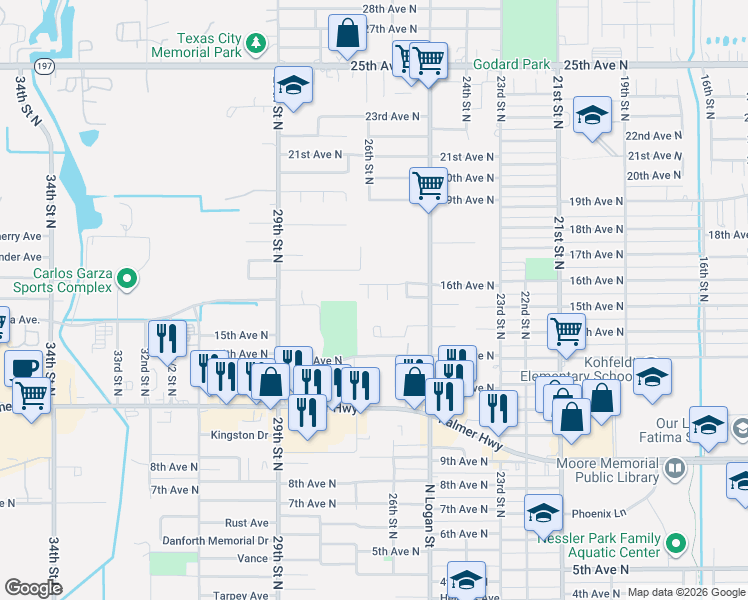 map of restaurants, bars, coffee shops, grocery stores, and more near 2622 16th Avenue North in Texas City