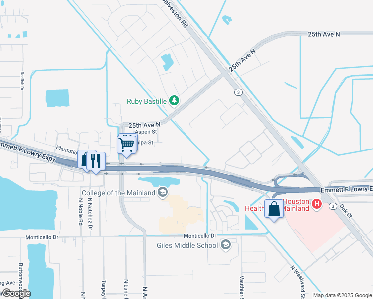 map of restaurants, bars, coffee shops, grocery stores, and more near 7600 Emmett F Lowry Expressway in Texas City