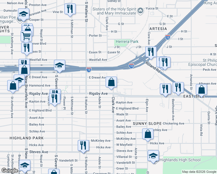 map of restaurants, bars, coffee shops, grocery stores, and more near 1223 Hammond Avenue in San Antonio