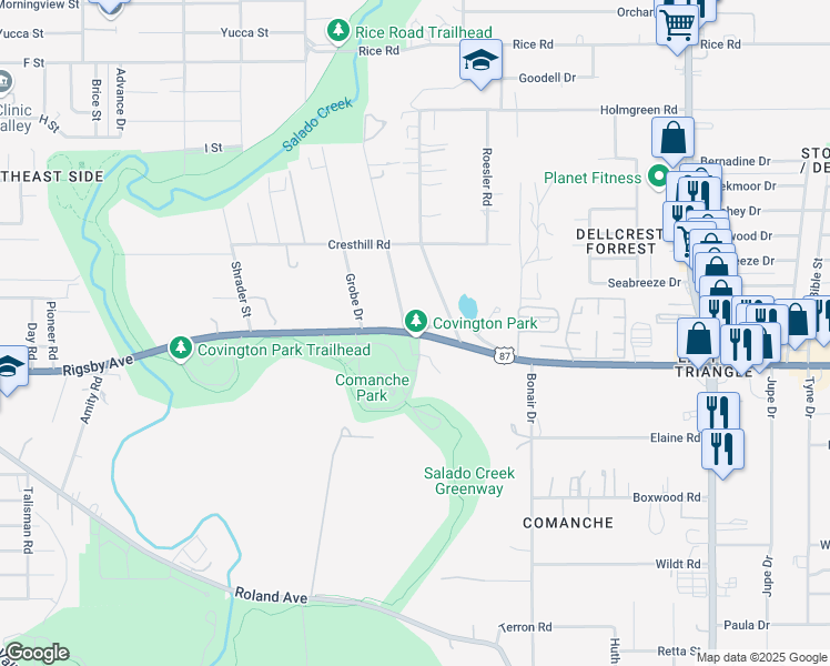 map of restaurants, bars, coffee shops, grocery stores, and more near 2615 U.S. 87 in San Antonio