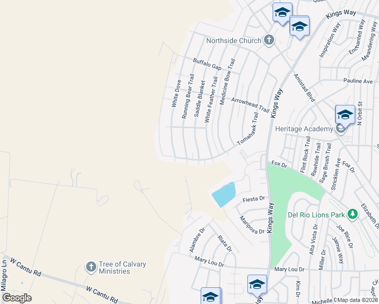 map of restaurants, bars, coffee shops, grocery stores, and more near 224 Running Bear Trail in Del Rio