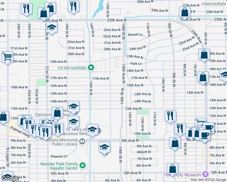 map of restaurants, bars, coffee shops, grocery stores, and more near 1417 16th Avenue North in Texas City