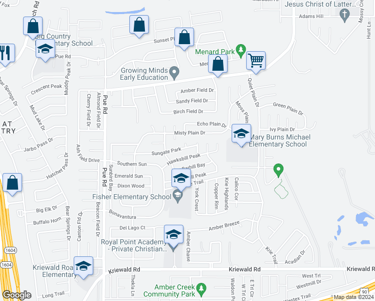map of restaurants, bars, coffee shops, grocery stores, and more near 9922 Sungate Park in San Antonio