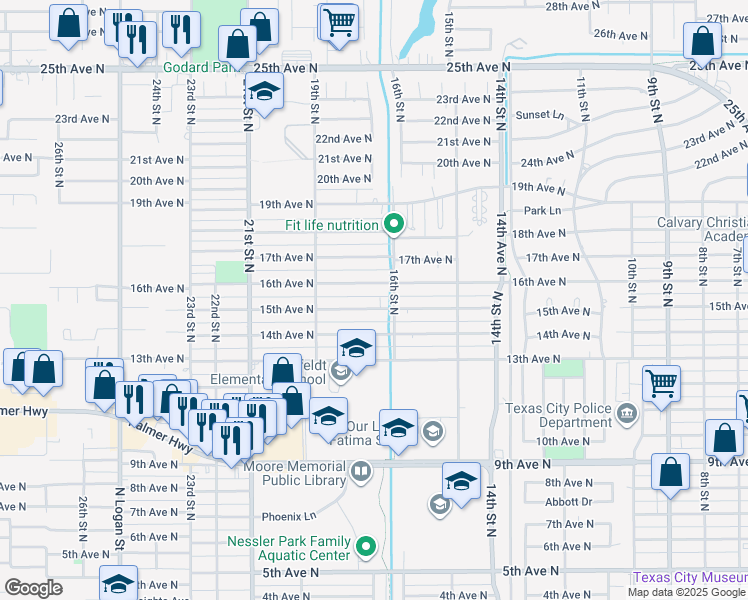 map of restaurants, bars, coffee shops, grocery stores, and more near 1613 16th Avenue North in Texas City
