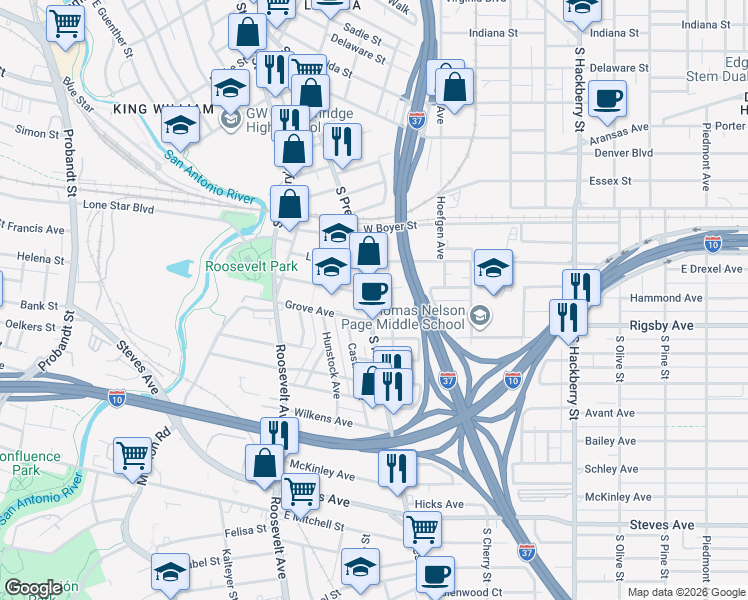 map of restaurants, bars, coffee shops, grocery stores, and more near 2122 South Presa Street in San Antonio