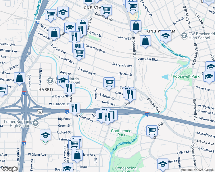 map of restaurants, bars, coffee shops, grocery stores, and more near 257 Bank in San Antonio