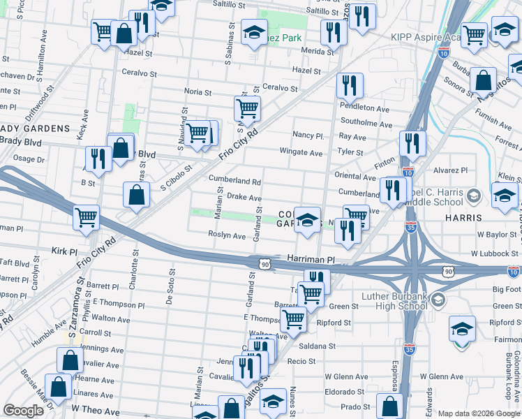 map of restaurants, bars, coffee shops, grocery stores, and more near 445 Drake Avenue in San Antonio