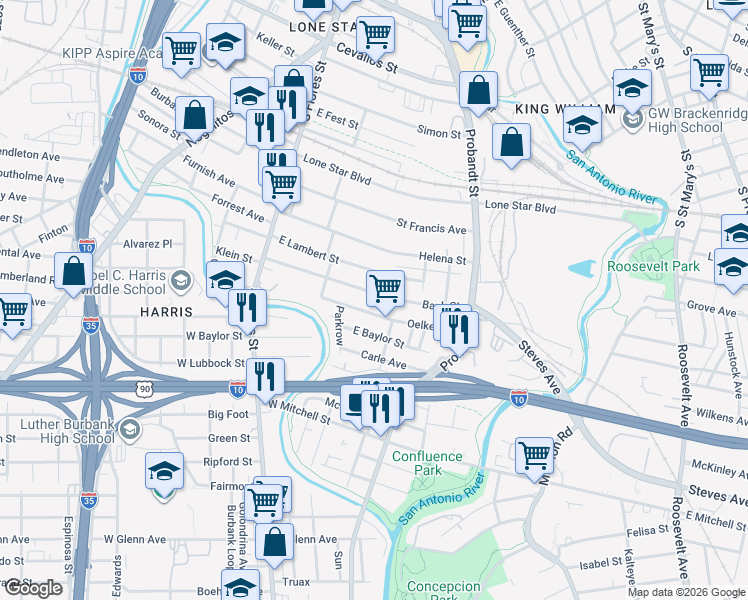 map of restaurants, bars, coffee shops, grocery stores, and more near 257 Bank in San Antonio